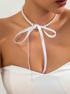 Vintage Pearl Ribbon Choker Necklace Black Satin Ribbon Bow Necklace White Pearl
